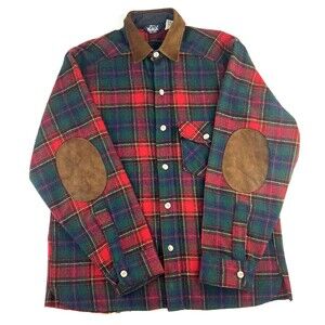 Vintage Woolrich Tweed Button Up Shirt Elbow Patches Tartan Plaid USA Mens M